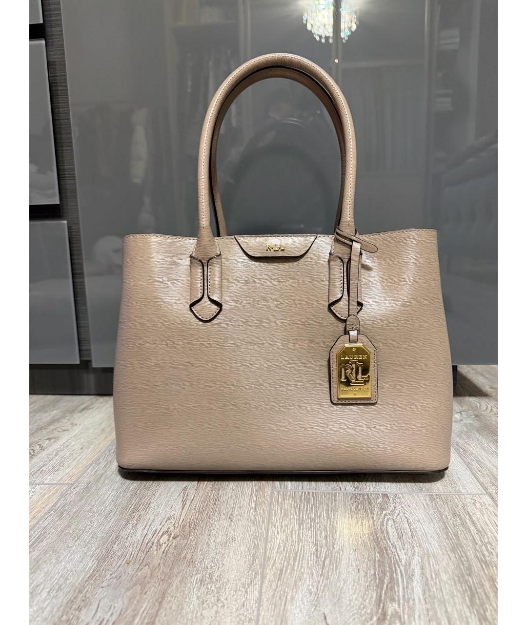 POLO RALPH LAUREN Бежевая кожаная сумка с короткими ручками, фото 9