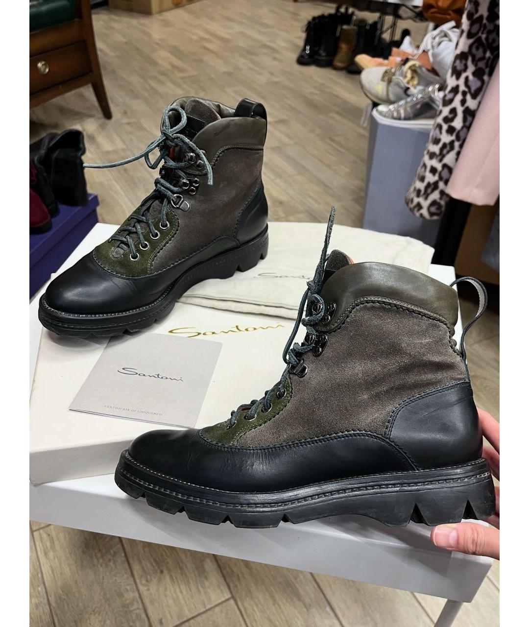 SANTONI Хаки кожаные ботинки, фото 9