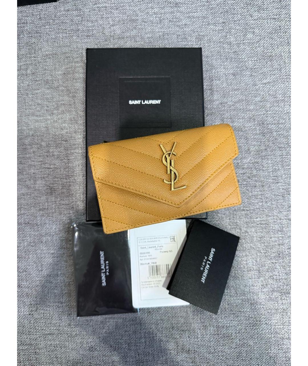 SAINT LAURENT Горчичный кожаный кошелек, фото 2