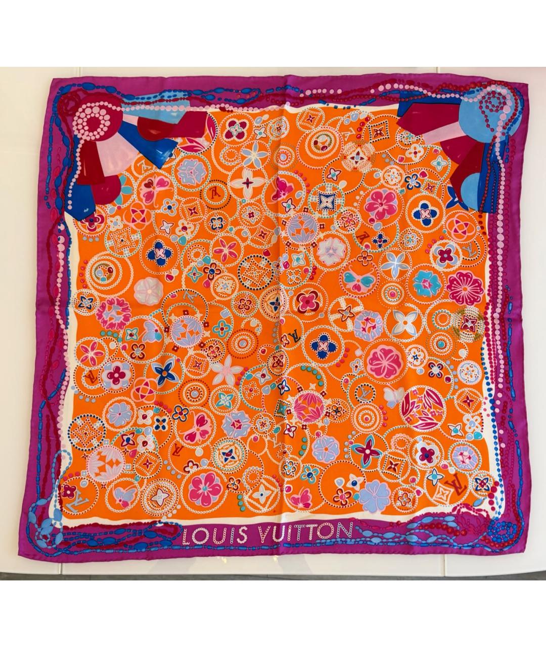LOUIS VUITTON Оранжевый шелковый платок, фото 3
