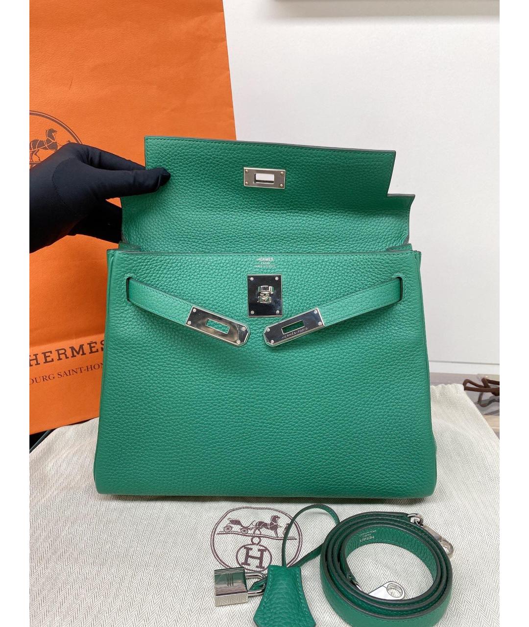 HERMES Зеленая кожаная сумка с короткими ручками, фото 6