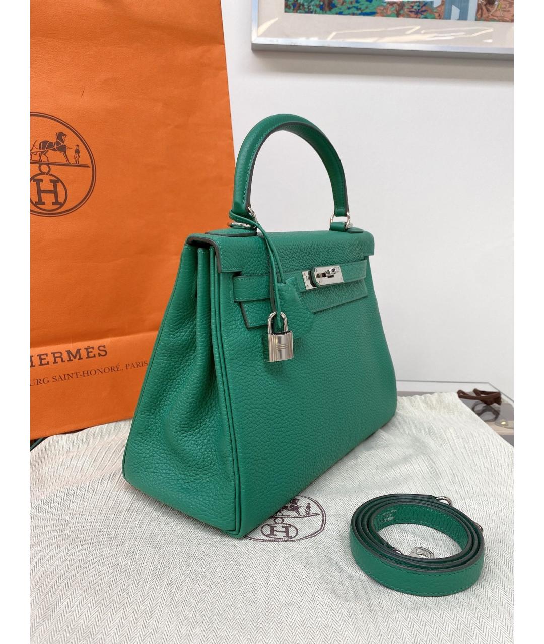 HERMES Зеленая кожаная сумка с короткими ручками, фото 3