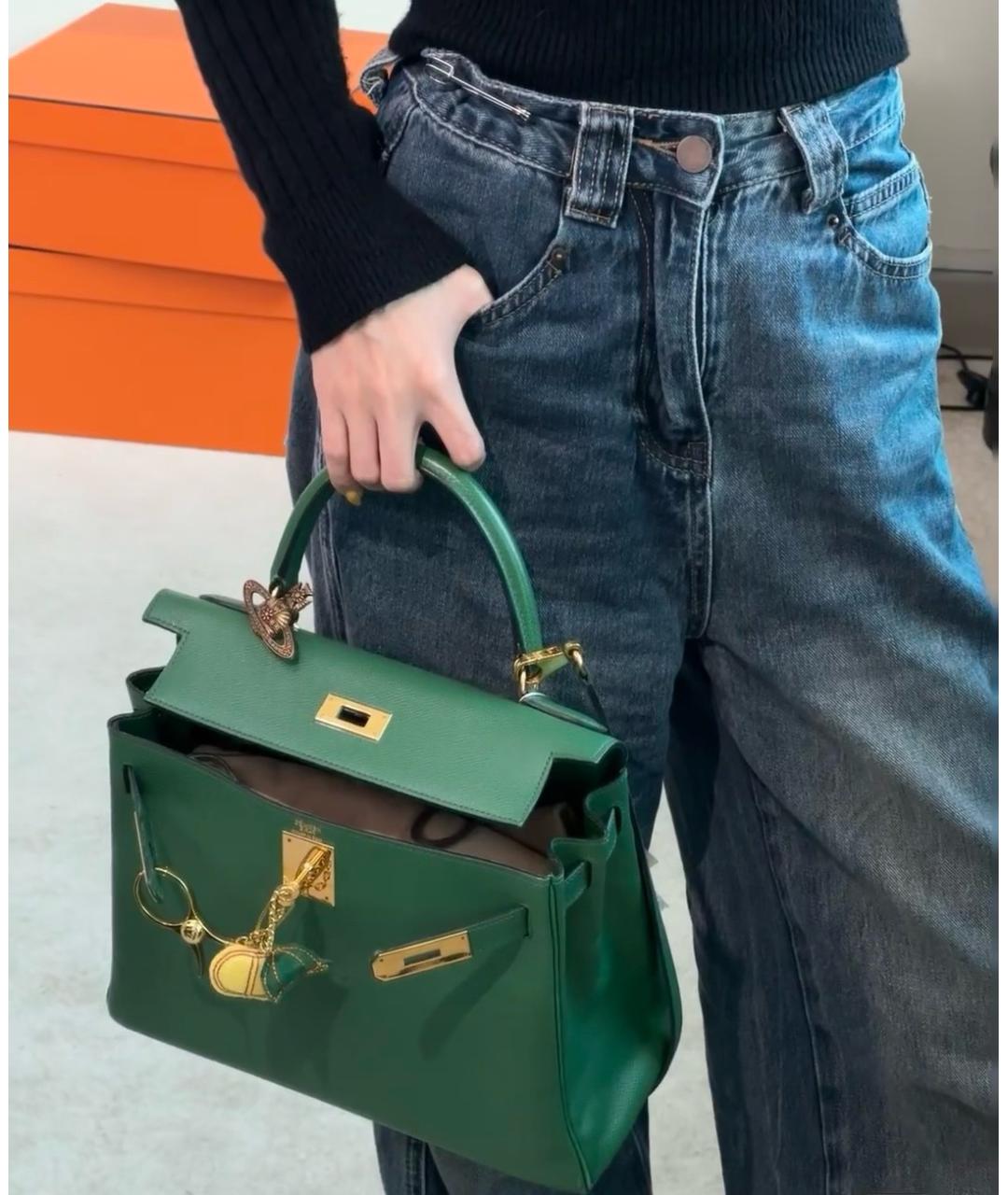 HERMES Зеленая кожаная сумка с короткими ручками, фото 8