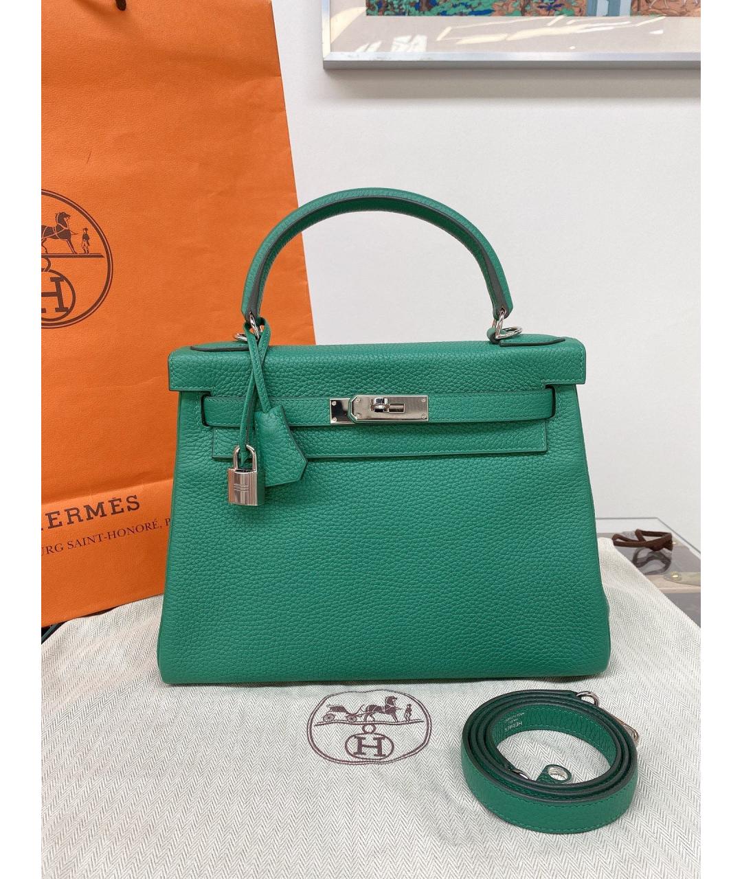 HERMES Зеленая кожаная сумка с короткими ручками, фото 9