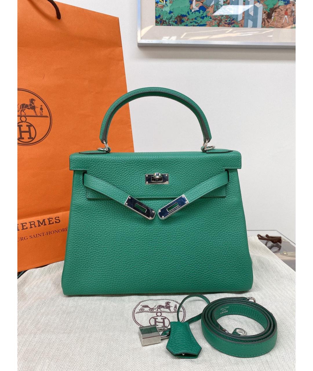 HERMES Зеленая кожаная сумка с короткими ручками, фото 5