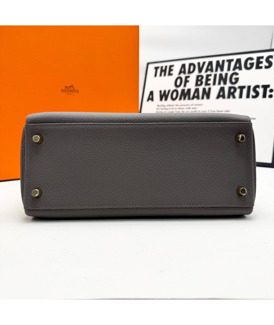 HERMES Серая кожаная сумка с короткими ручками, фото 6