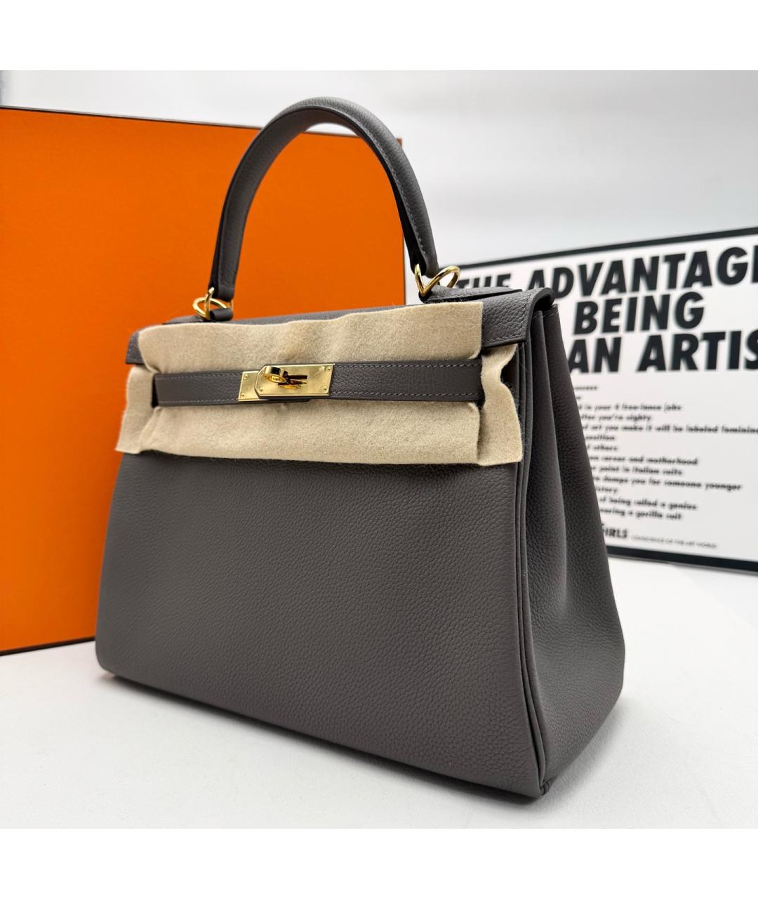HERMES Серая кожаная сумка с короткими ручками, фото 5