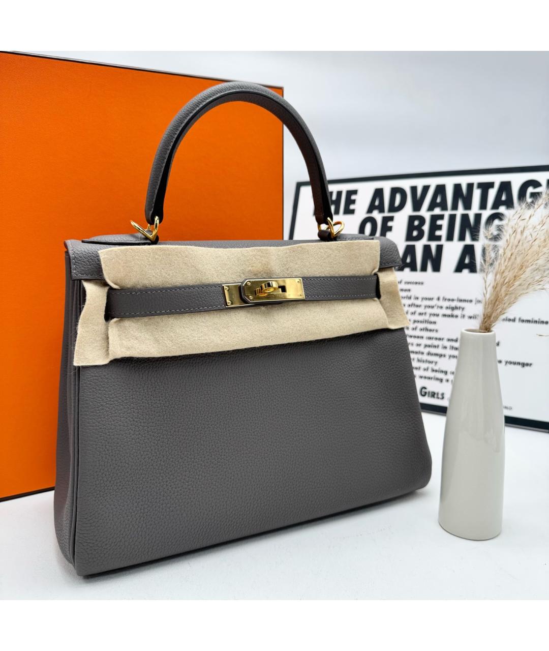 HERMES Серая кожаная сумка с короткими ручками, фото 2