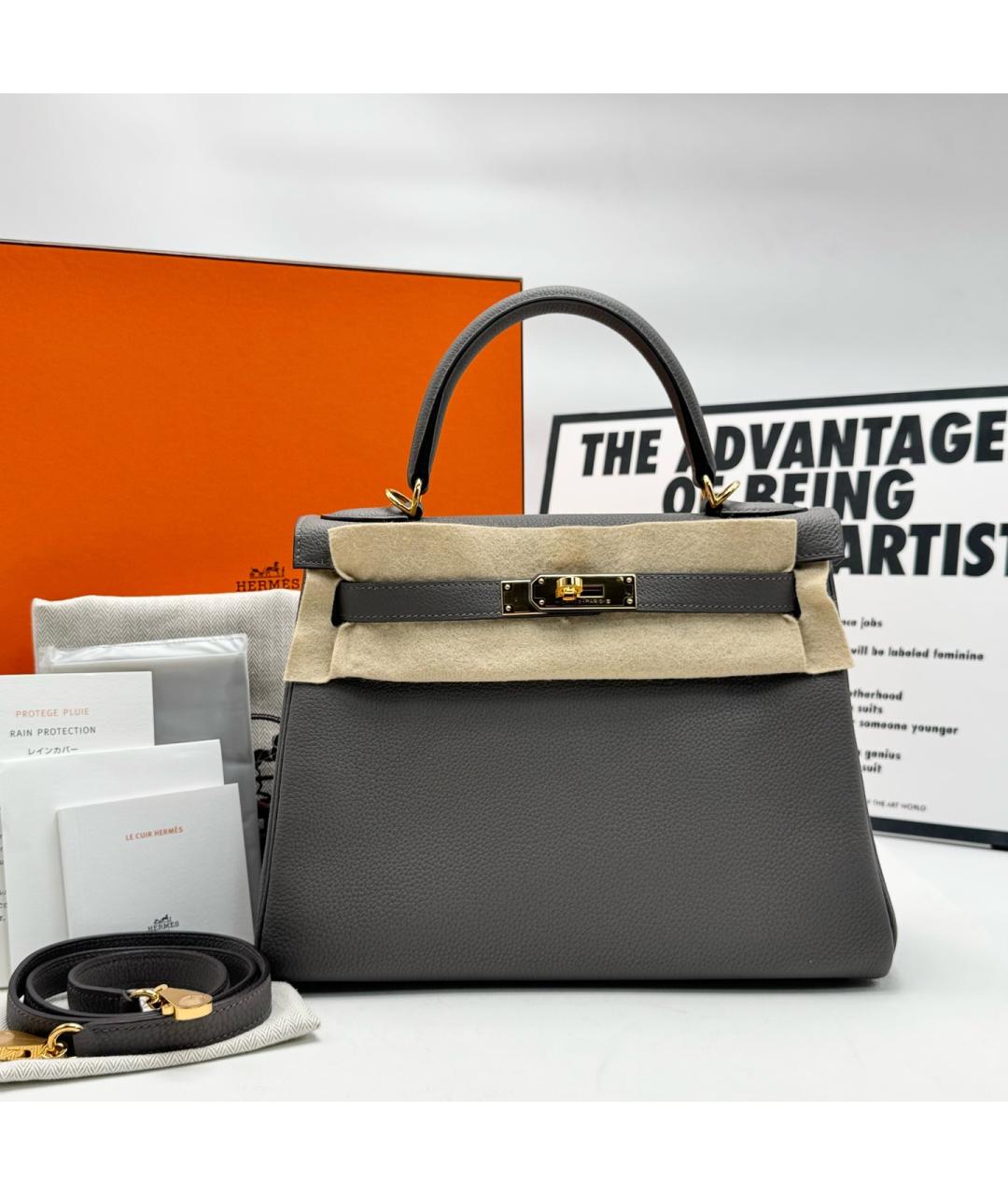 HERMES Серая кожаная сумка с короткими ручками, фото 7