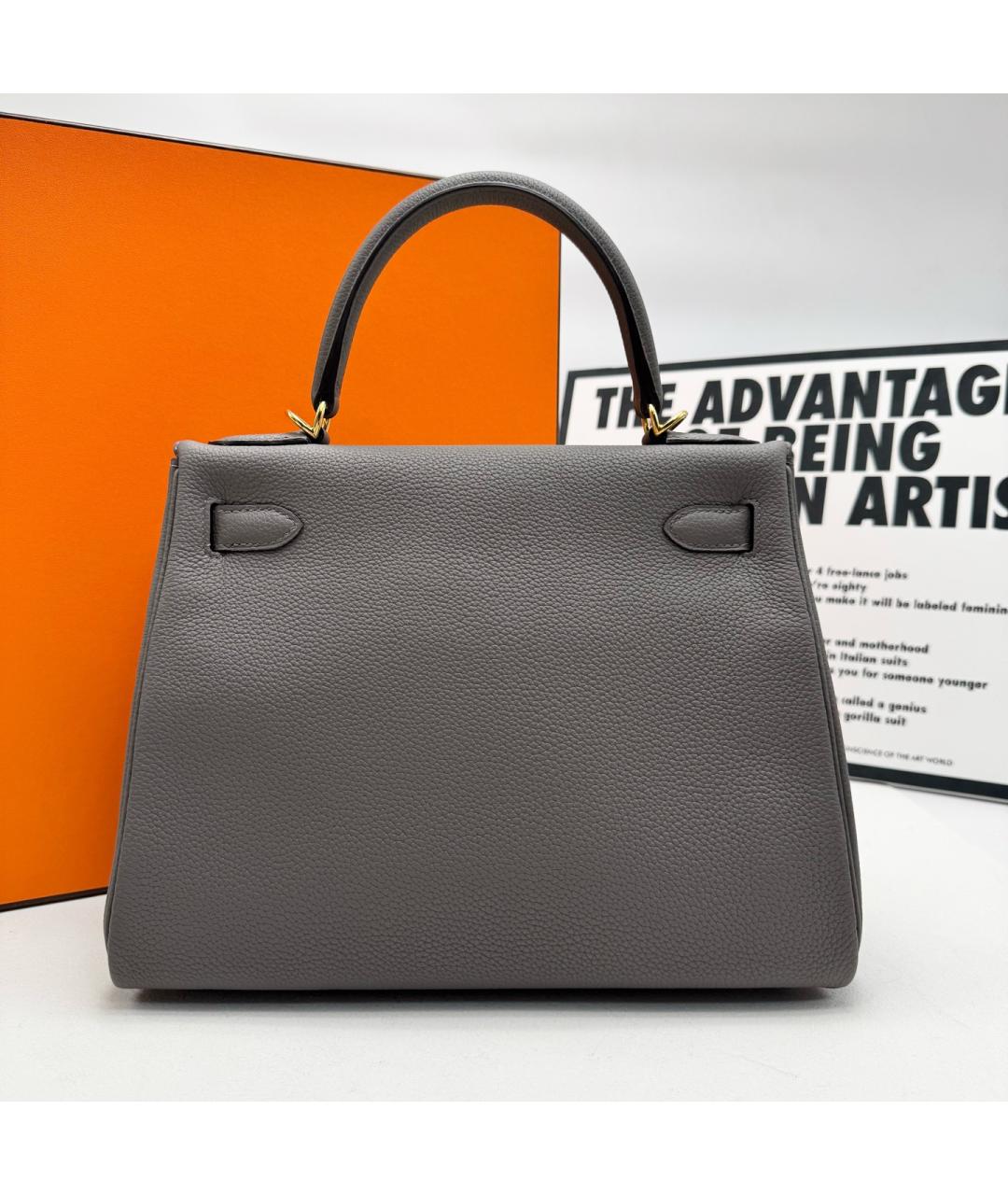 HERMES Серая кожаная сумка с короткими ручками, фото 4