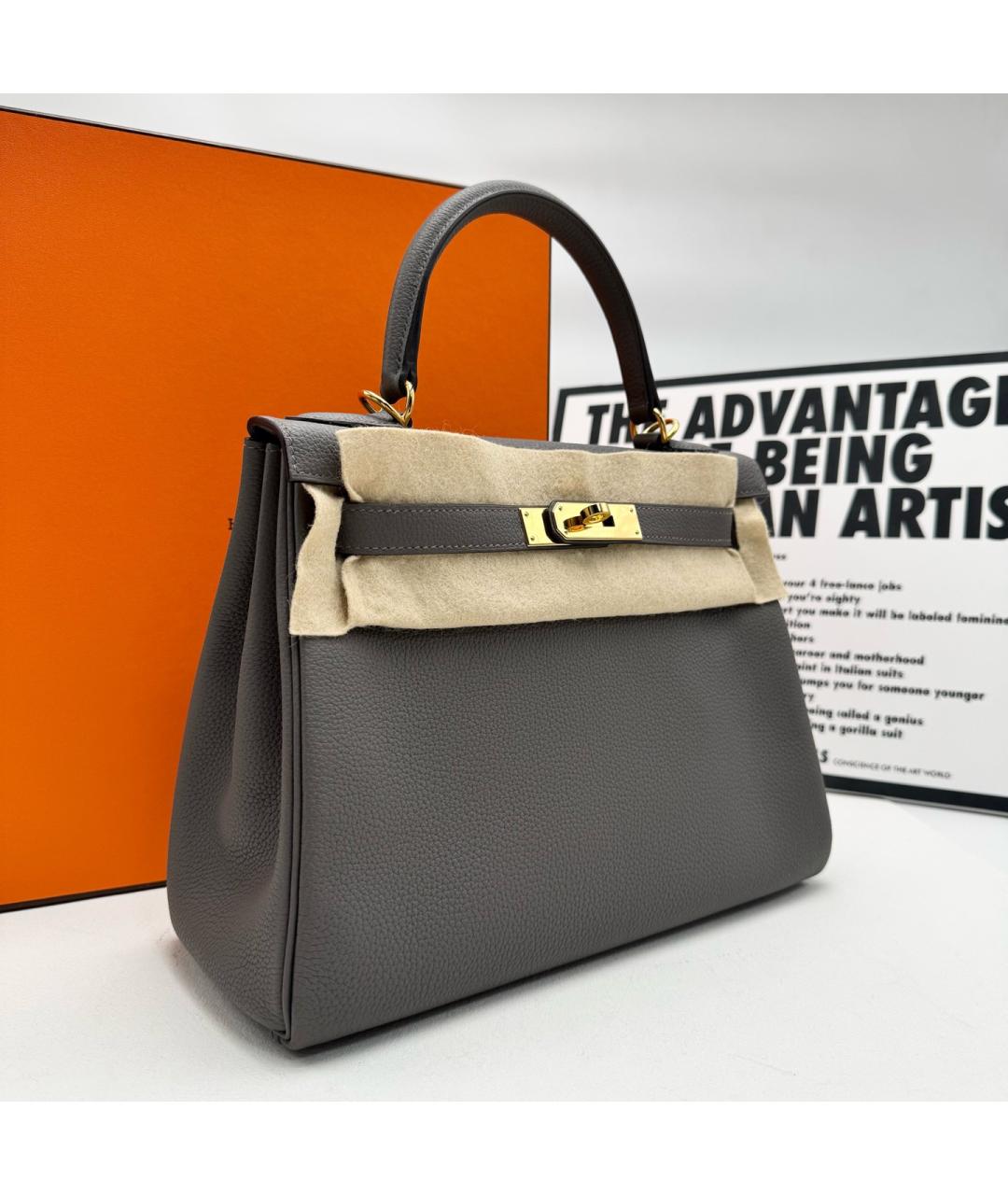 HERMES Серая кожаная сумка с короткими ручками, фото 3