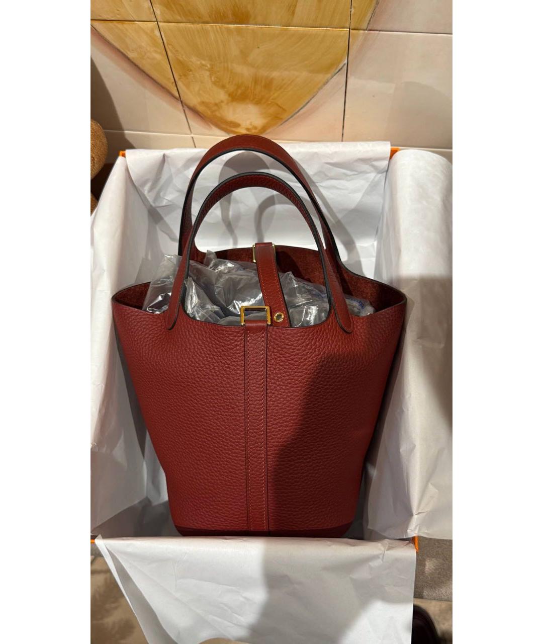 HERMES Бордовая кожаная сумка с короткими ручками, фото 2