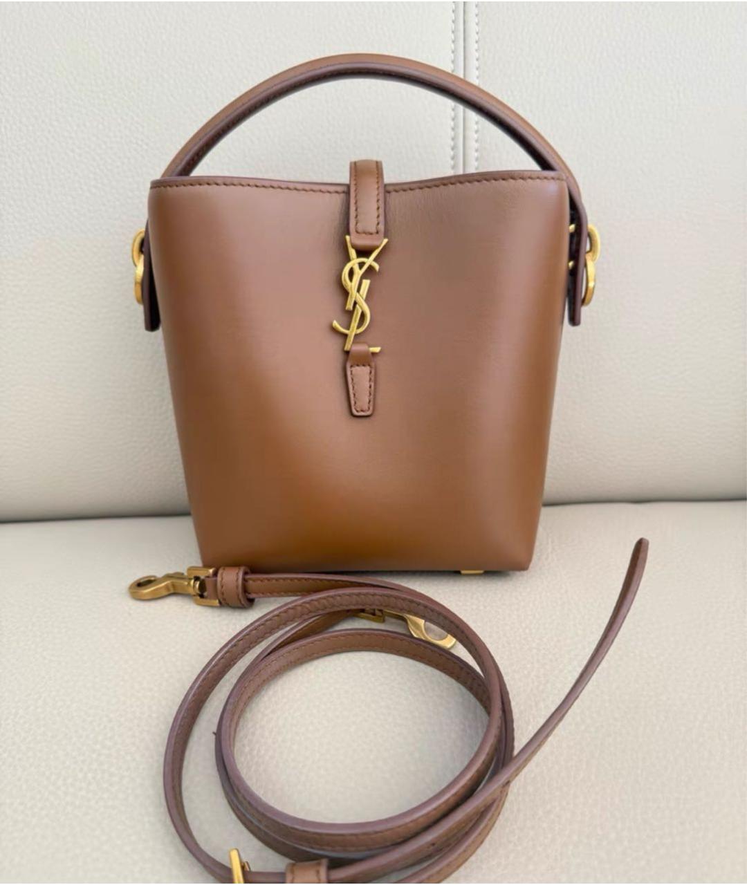 SAINT LAURENT Коричневая кожаная сумка с короткими ручками, фото 2