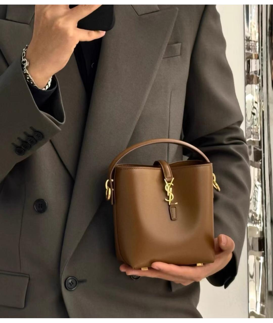 SAINT LAURENT Коричневая кожаная сумка с короткими ручками, фото 5