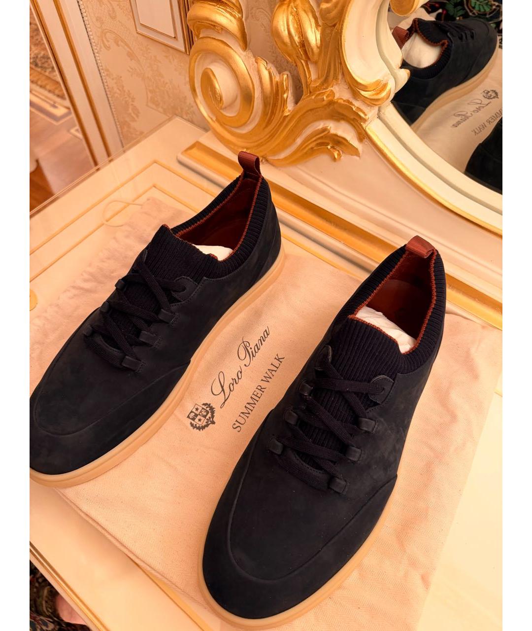 LORO PIANA Темно-синие замшевые низкие кроссовки / кеды, фото 2