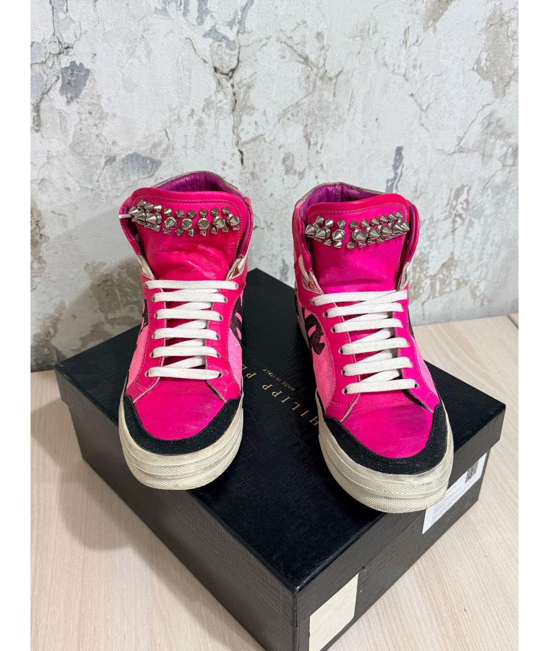 PHILIPP PLEIN Розовые кожаные кеды, фото 2