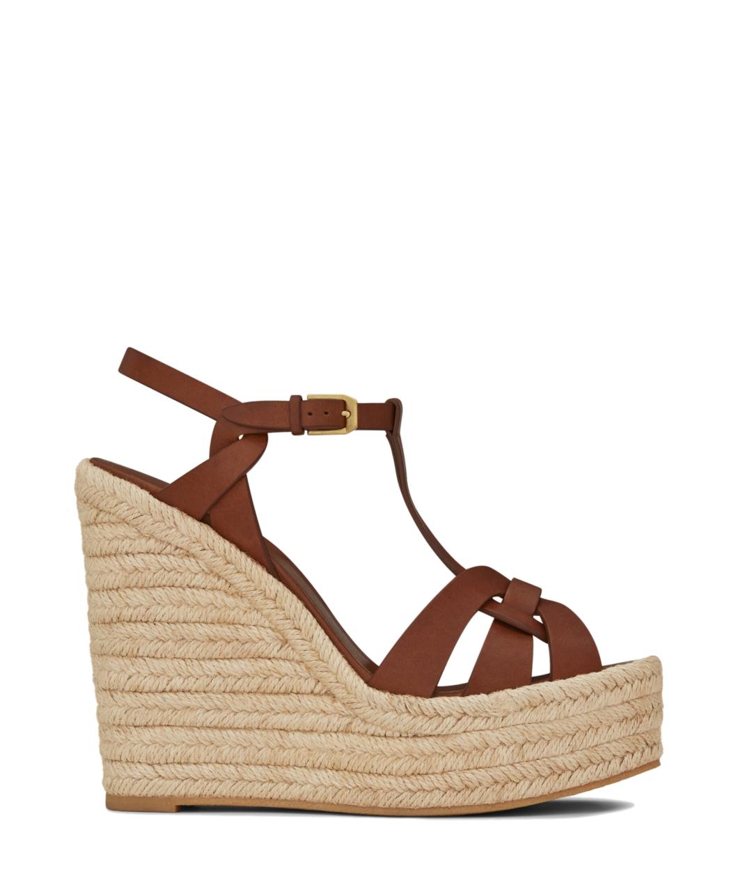 SAINT LAURENT Коричневые кожаные босоножки, фото 1