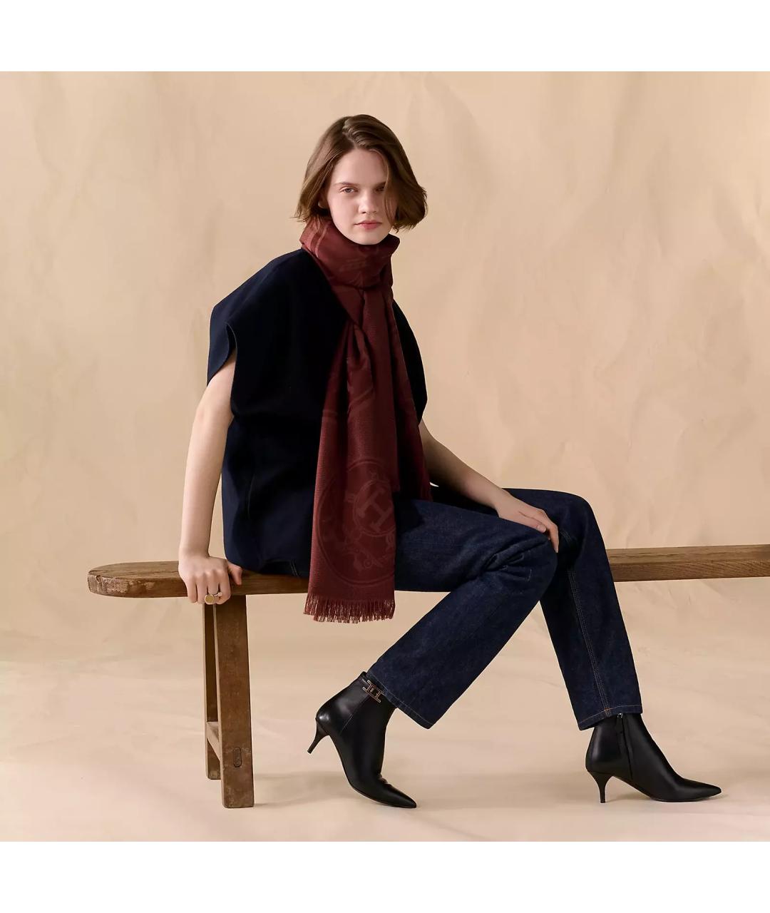 HERMES Бордовый кашемировый шарф, фото 7