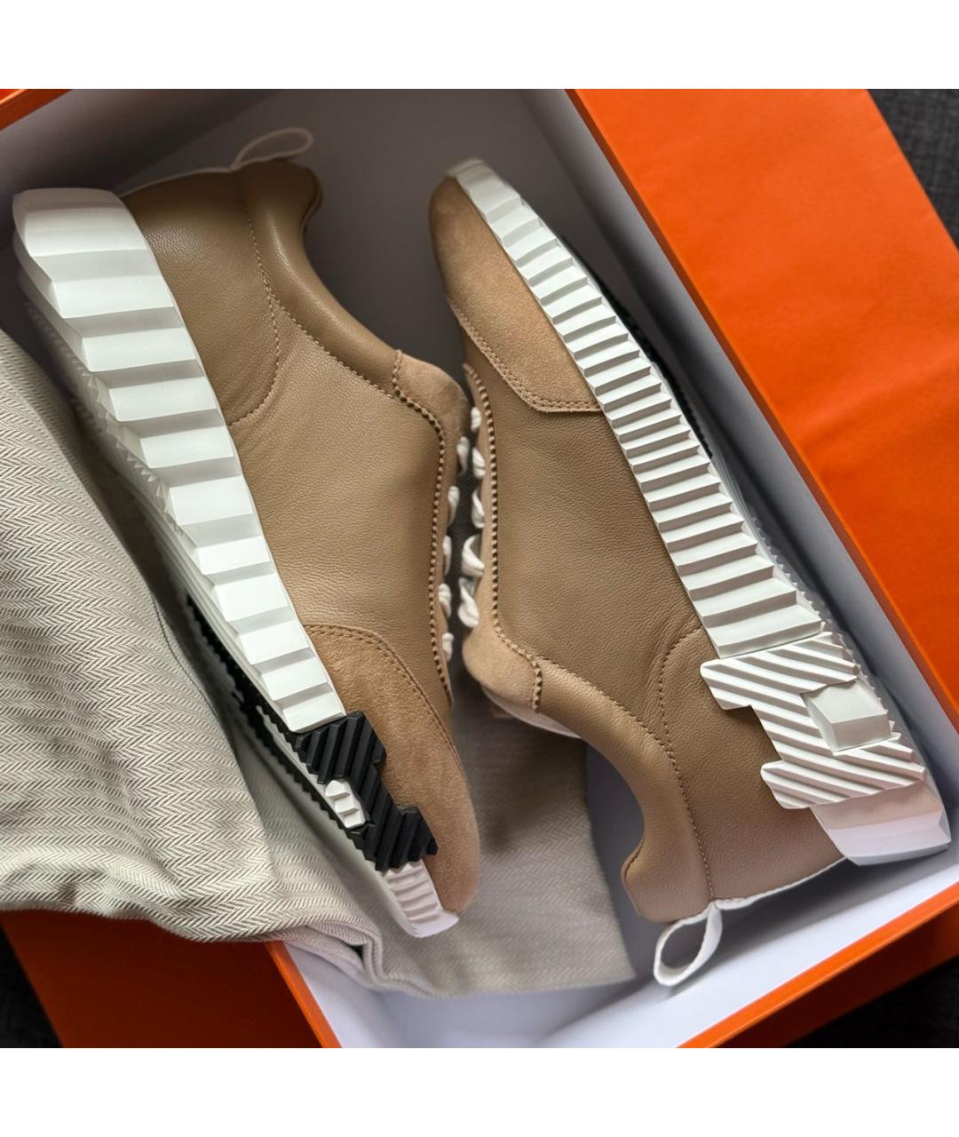 HERMES Бежевые кожаные кроссовки, фото 6