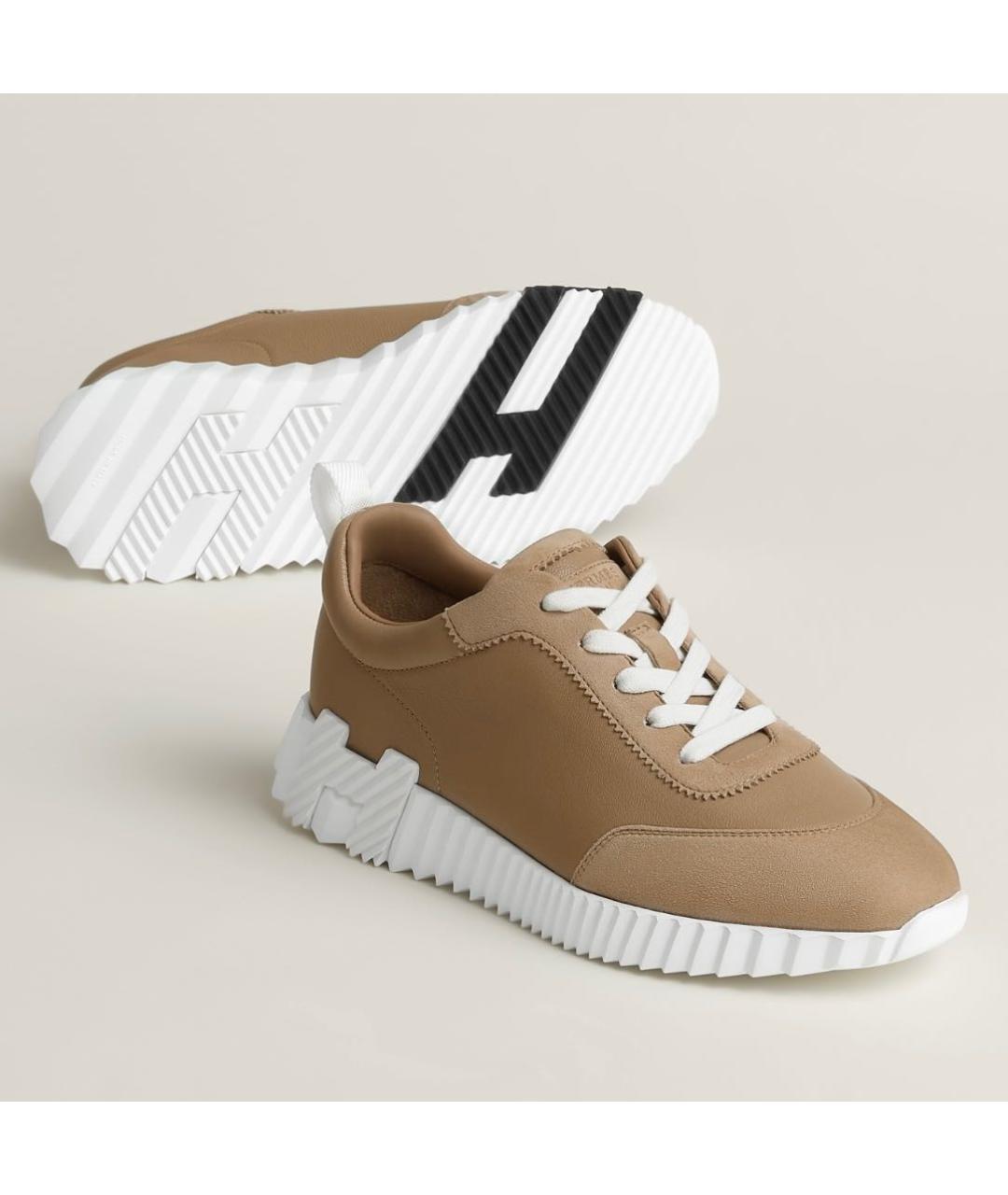 HERMES Бежевые кожаные кроссовки, фото 8