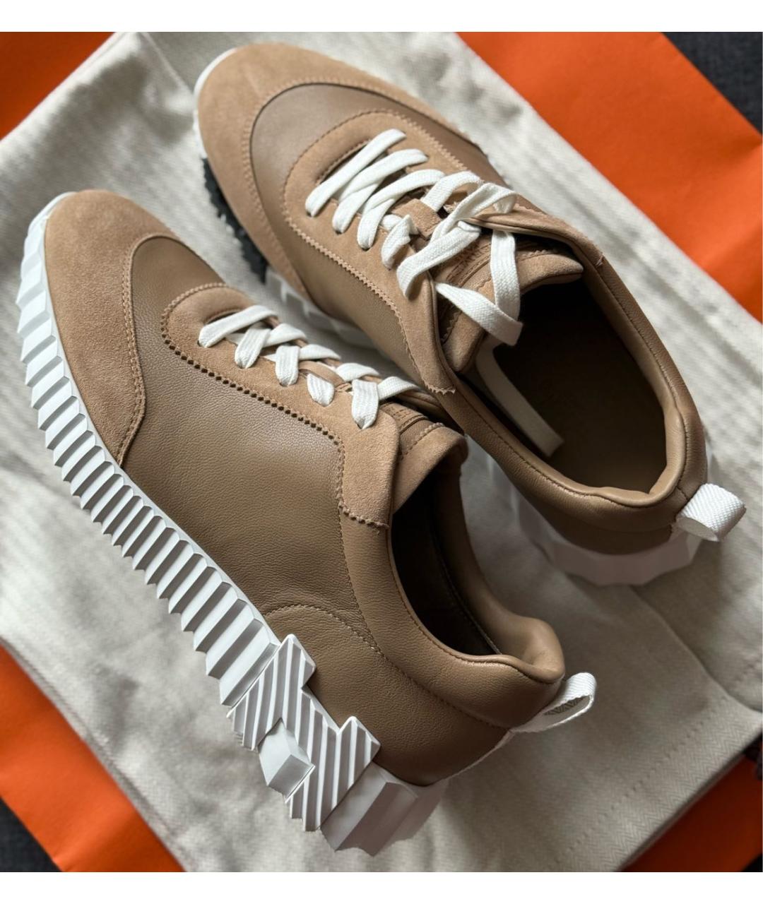 HERMES Бежевые кожаные кроссовки, фото 4