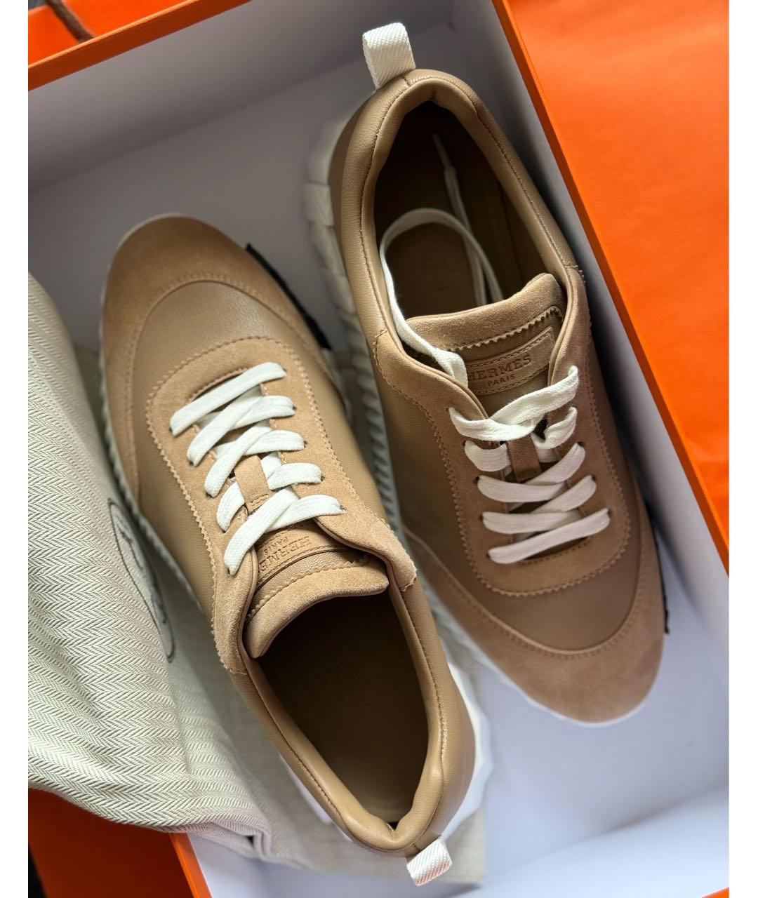 HERMES Бежевые кожаные кроссовки, фото 5