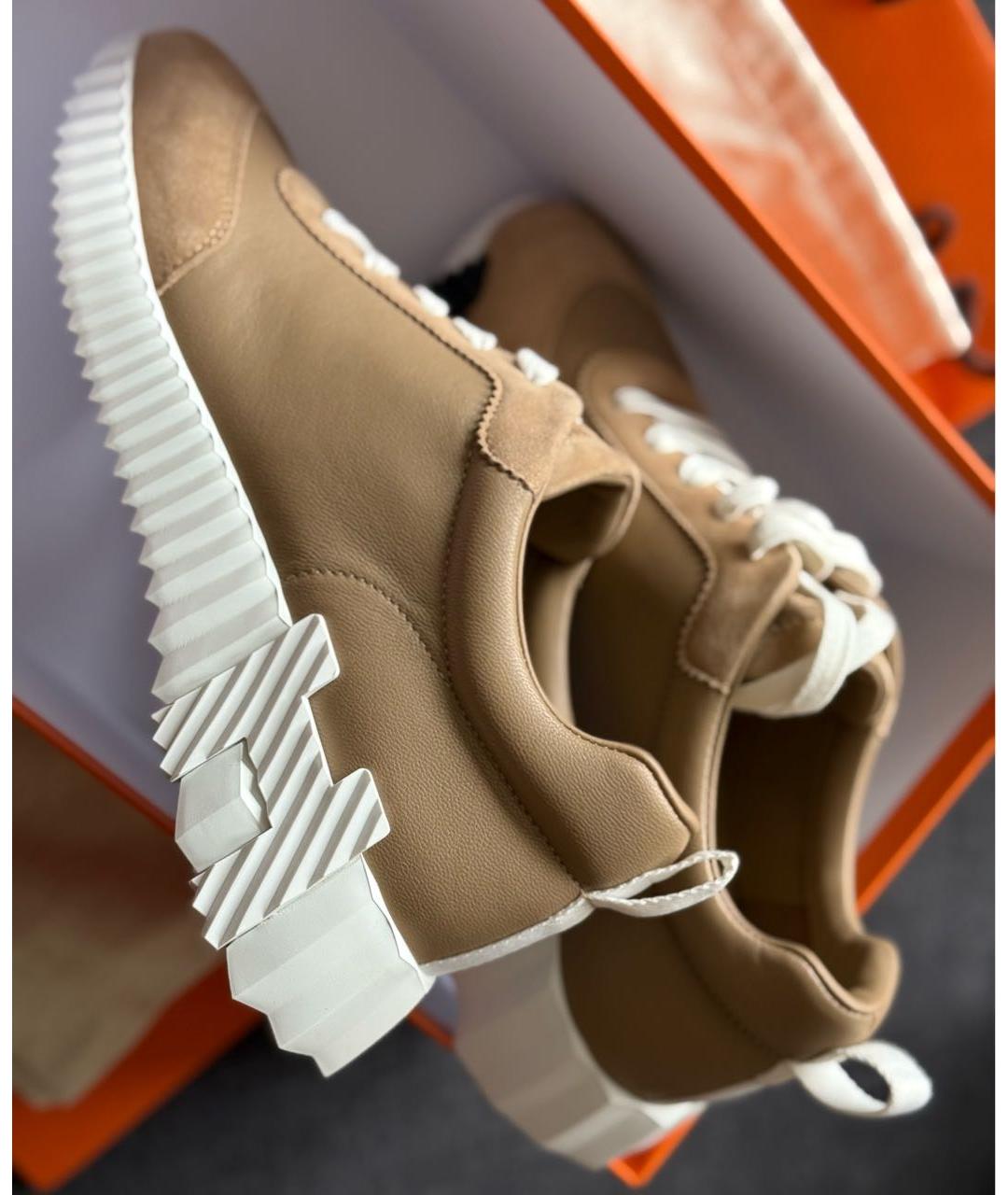 HERMES Бежевые кожаные кроссовки, фото 7