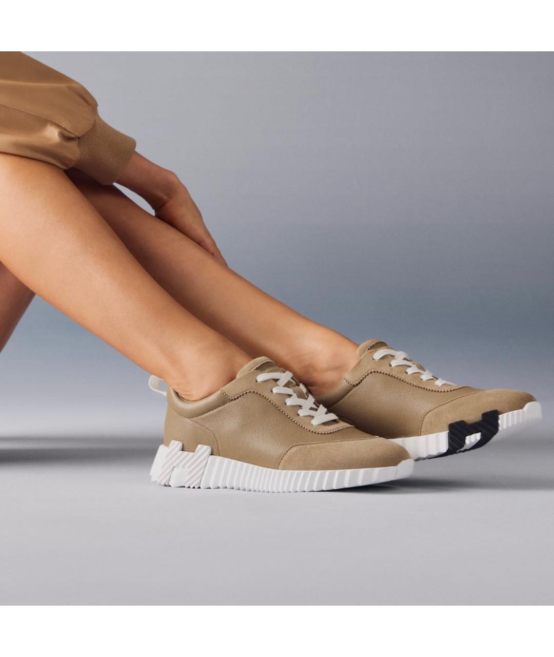 HERMES Бежевые кожаные кроссовки, фото 3