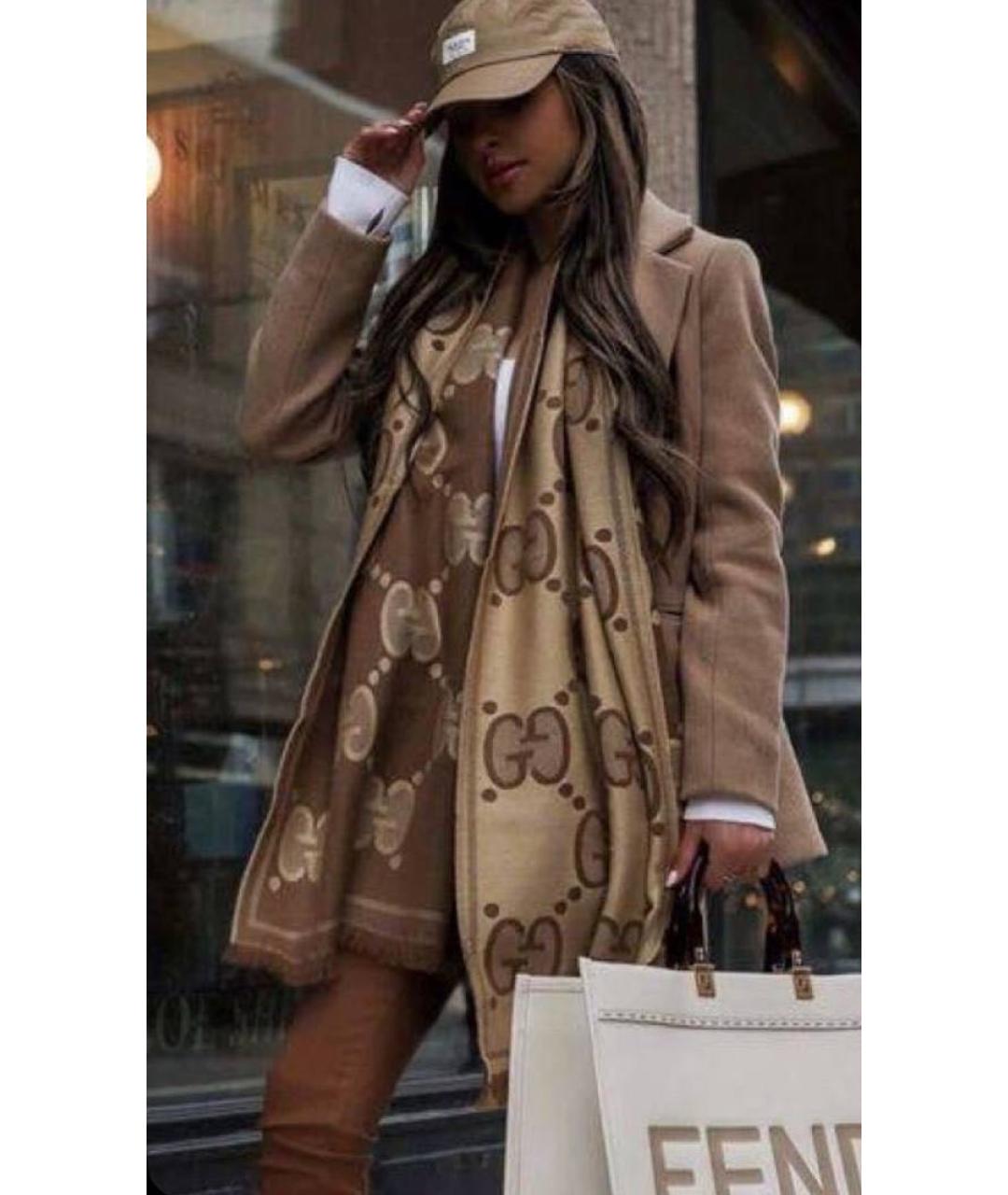 GUCCI Коричневый шерстяной шарф, фото 4