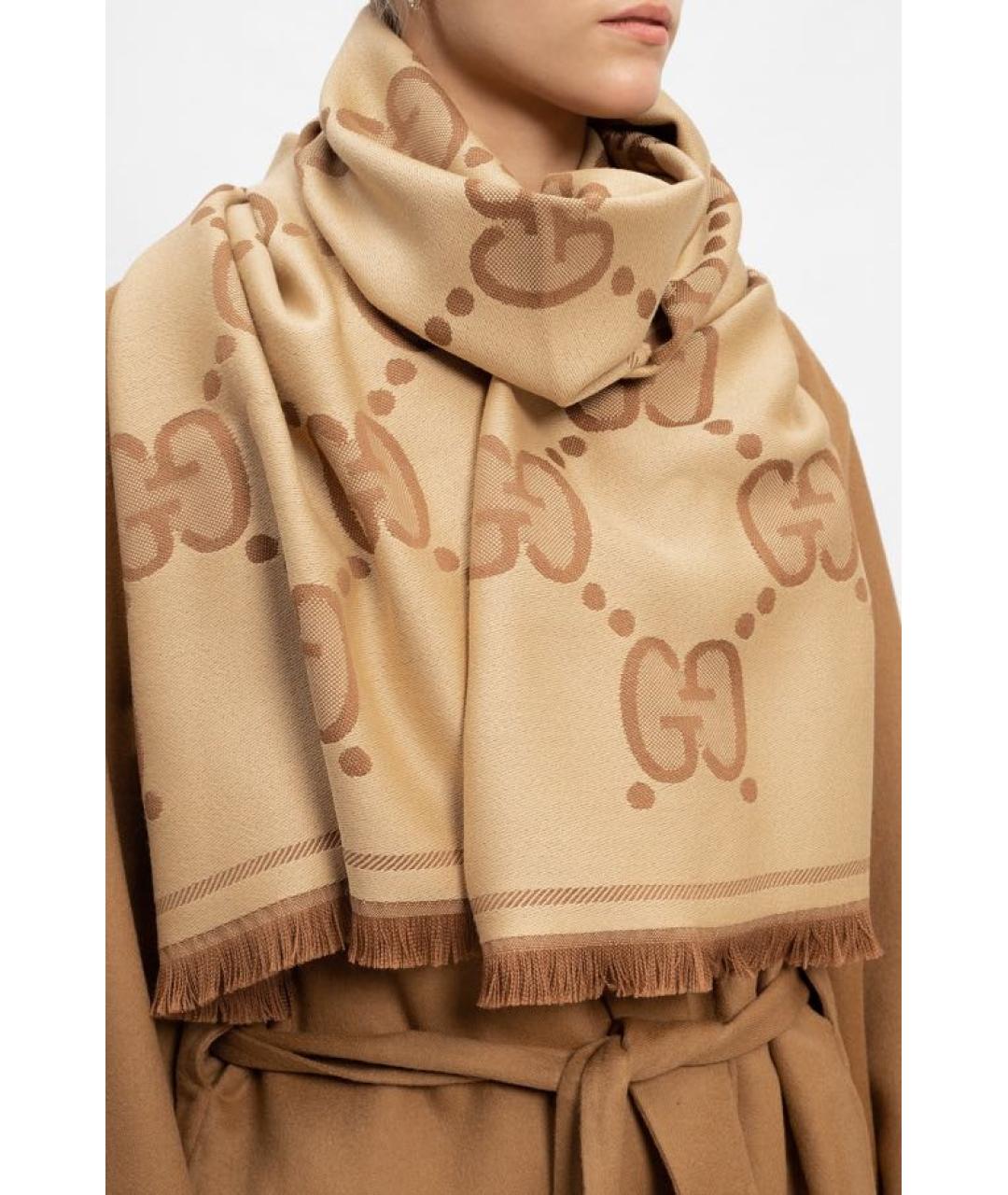 GUCCI Коричневый шерстяной шарф, фото 2