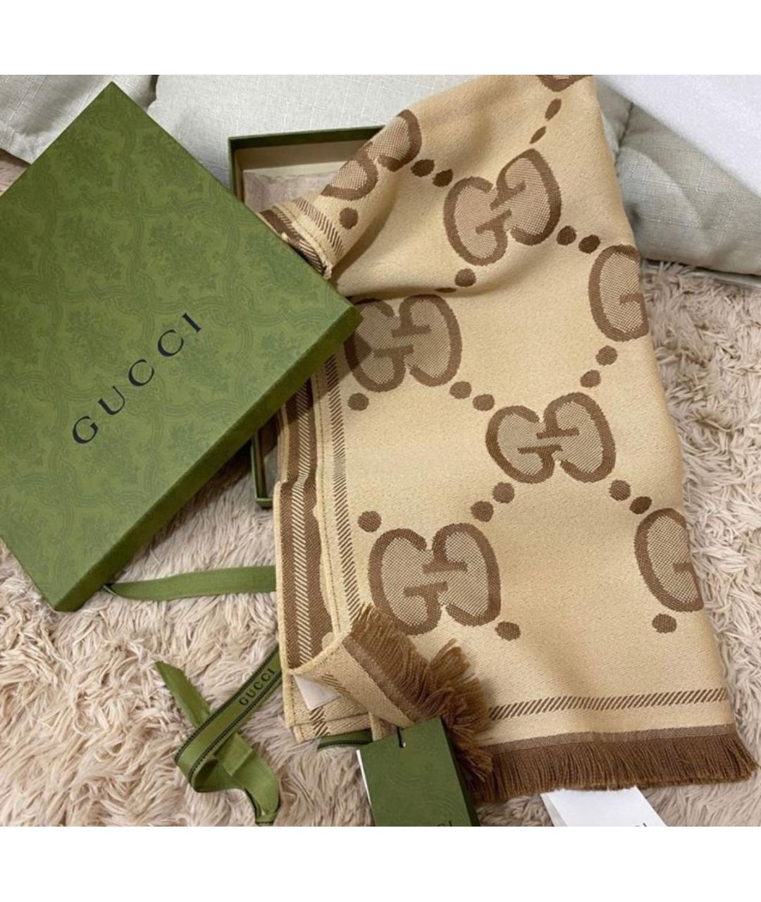 GUCCI Коричневый шерстяной шарф, фото 5