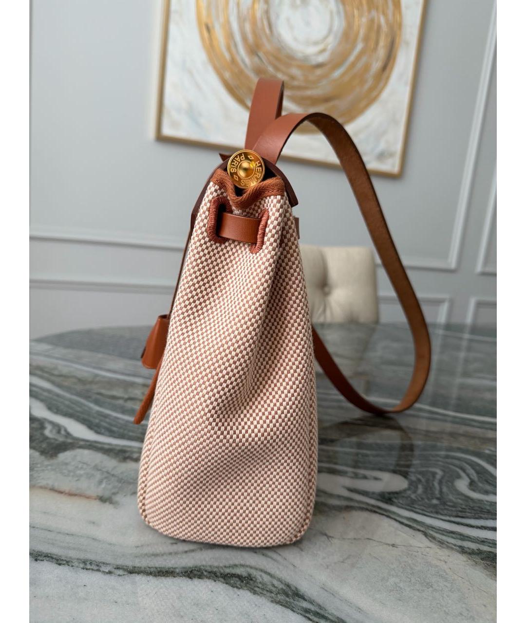 HERMES Бежевая тканевая сумка с короткими ручками, фото 3