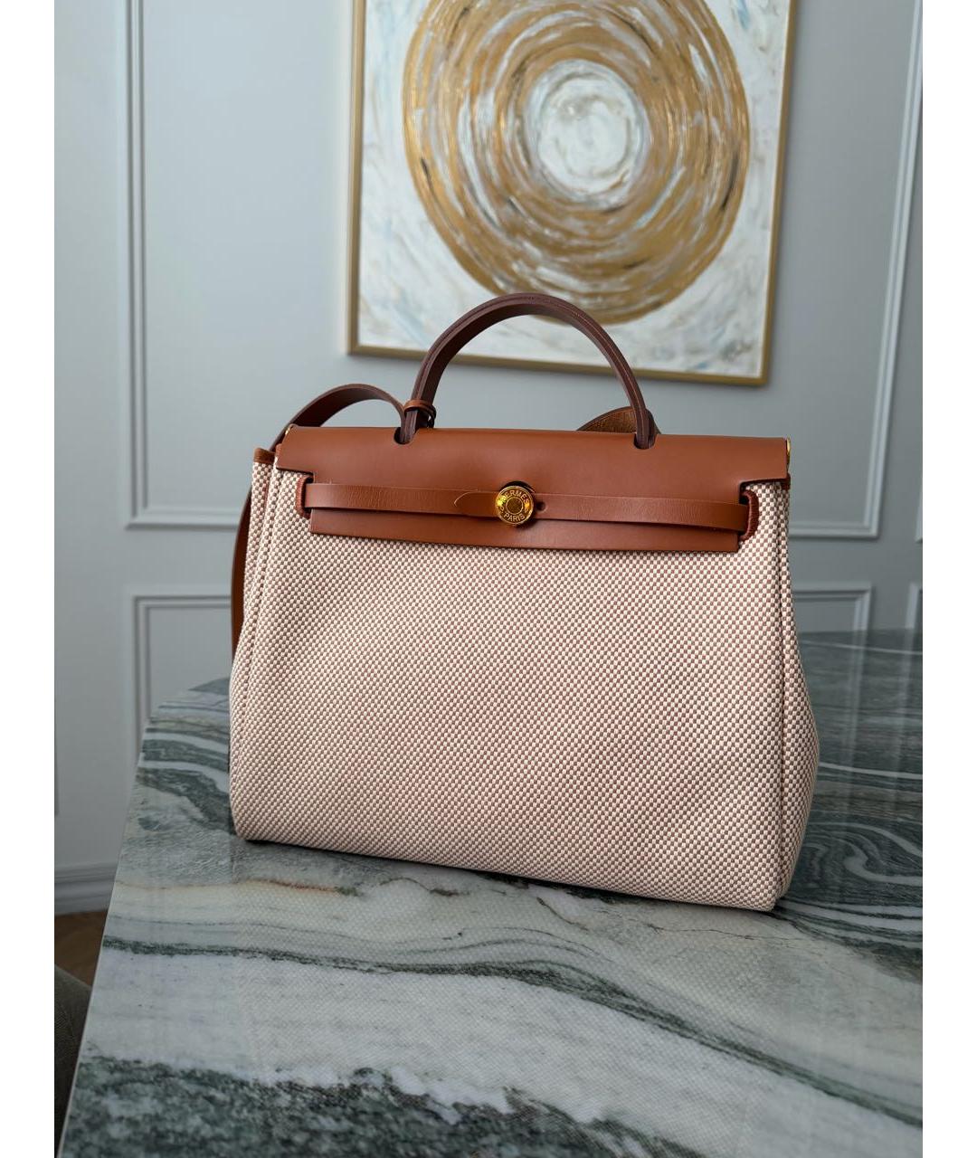 HERMES Бежевая тканевая сумка с короткими ручками, фото 9
