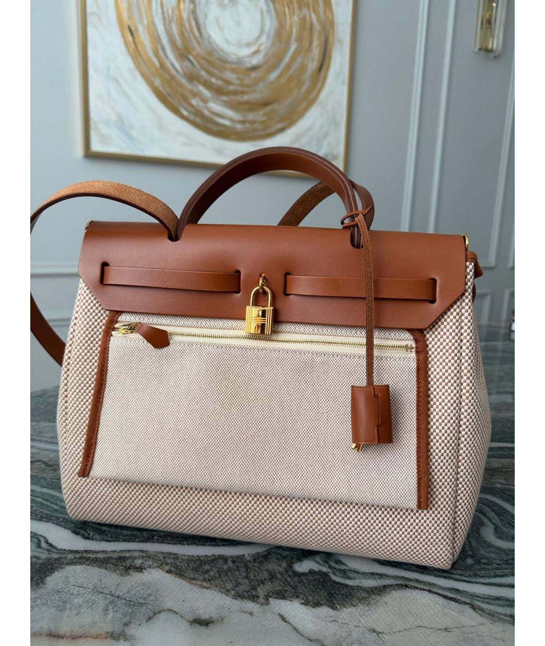 HERMES Бежевая тканевая сумка с короткими ручками, фото 2