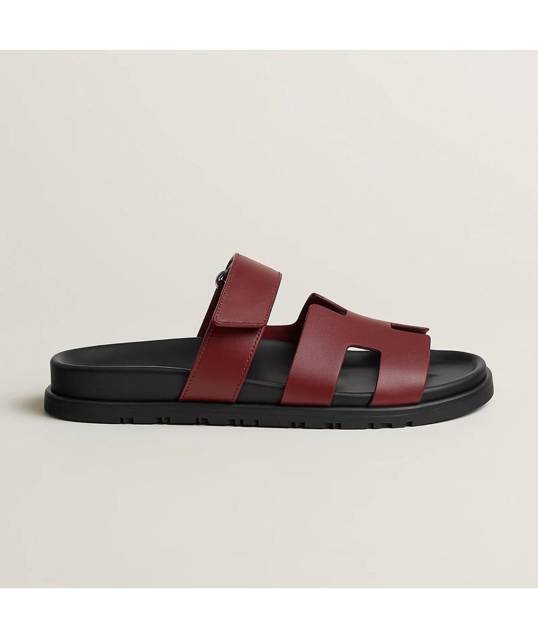 HERMES Бордовые кожаные шлепанцы, фото 6