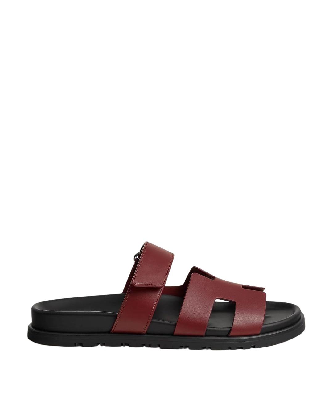 HERMES Бордовые кожаные шлепанцы, фото 1