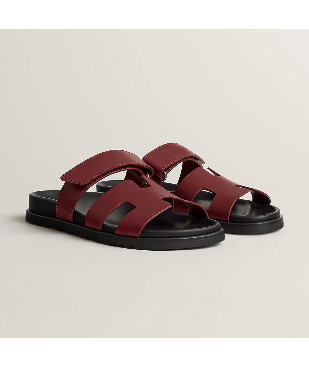 HERMES Бордовые кожаные шлепанцы, фото 2