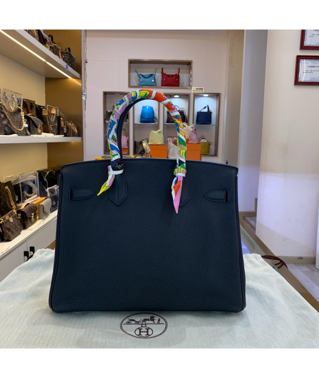 HERMES Темно-синяя кожаная сумка с короткими ручками, фото 4