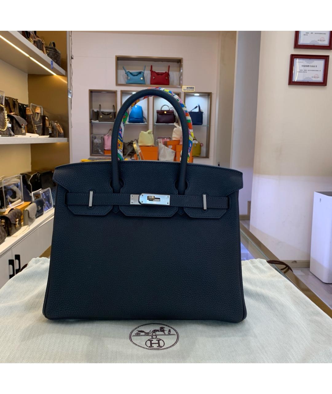 HERMES Темно-синяя кожаная сумка с короткими ручками, фото 2
