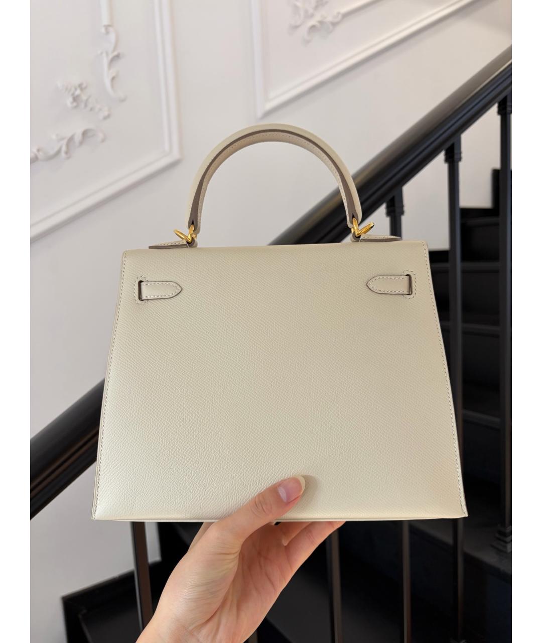 HERMES Бежевая кожаная сумка с короткими ручками, фото 3