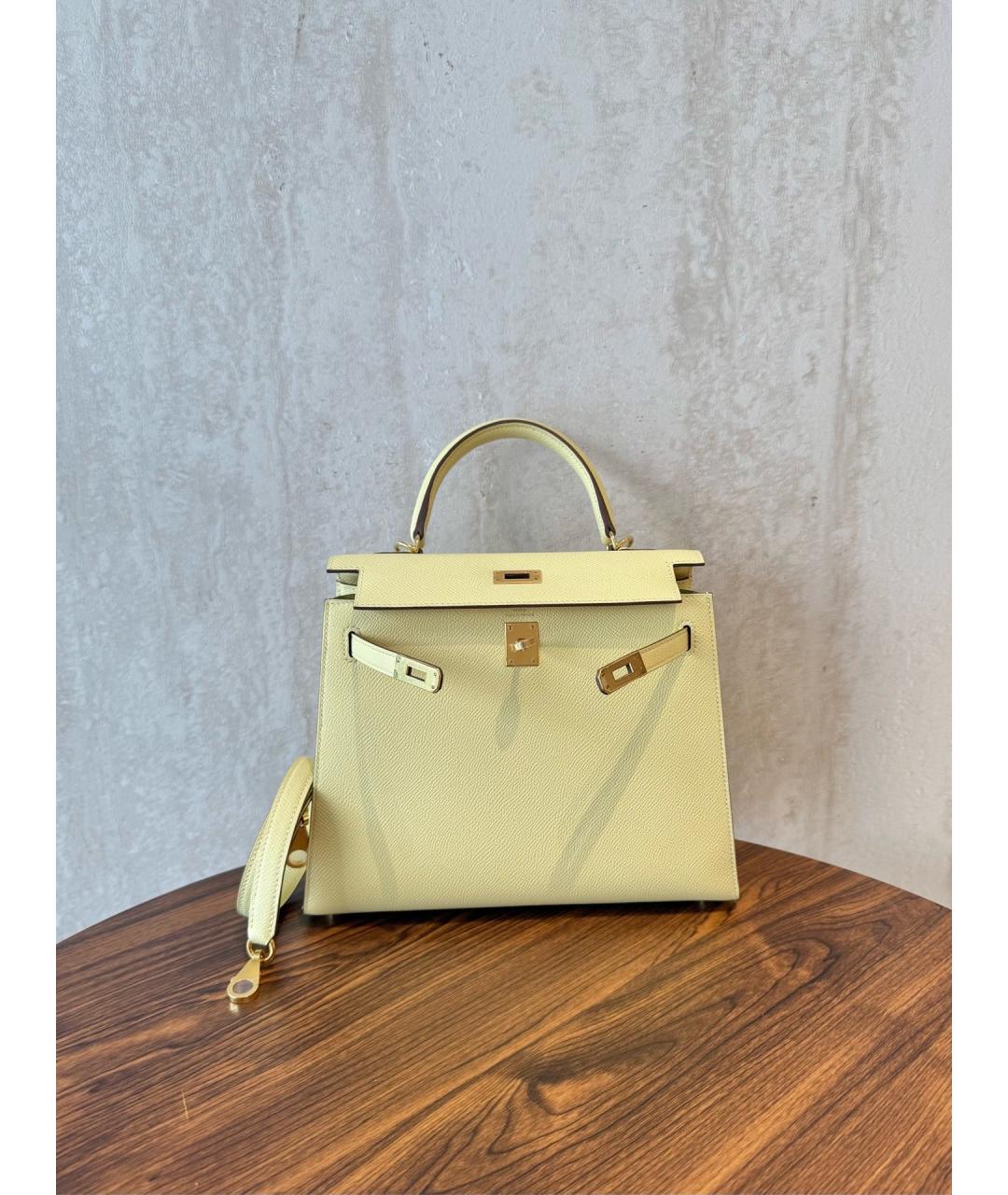 HERMES Желтая кожаная сумка с короткими ручками, фото 5