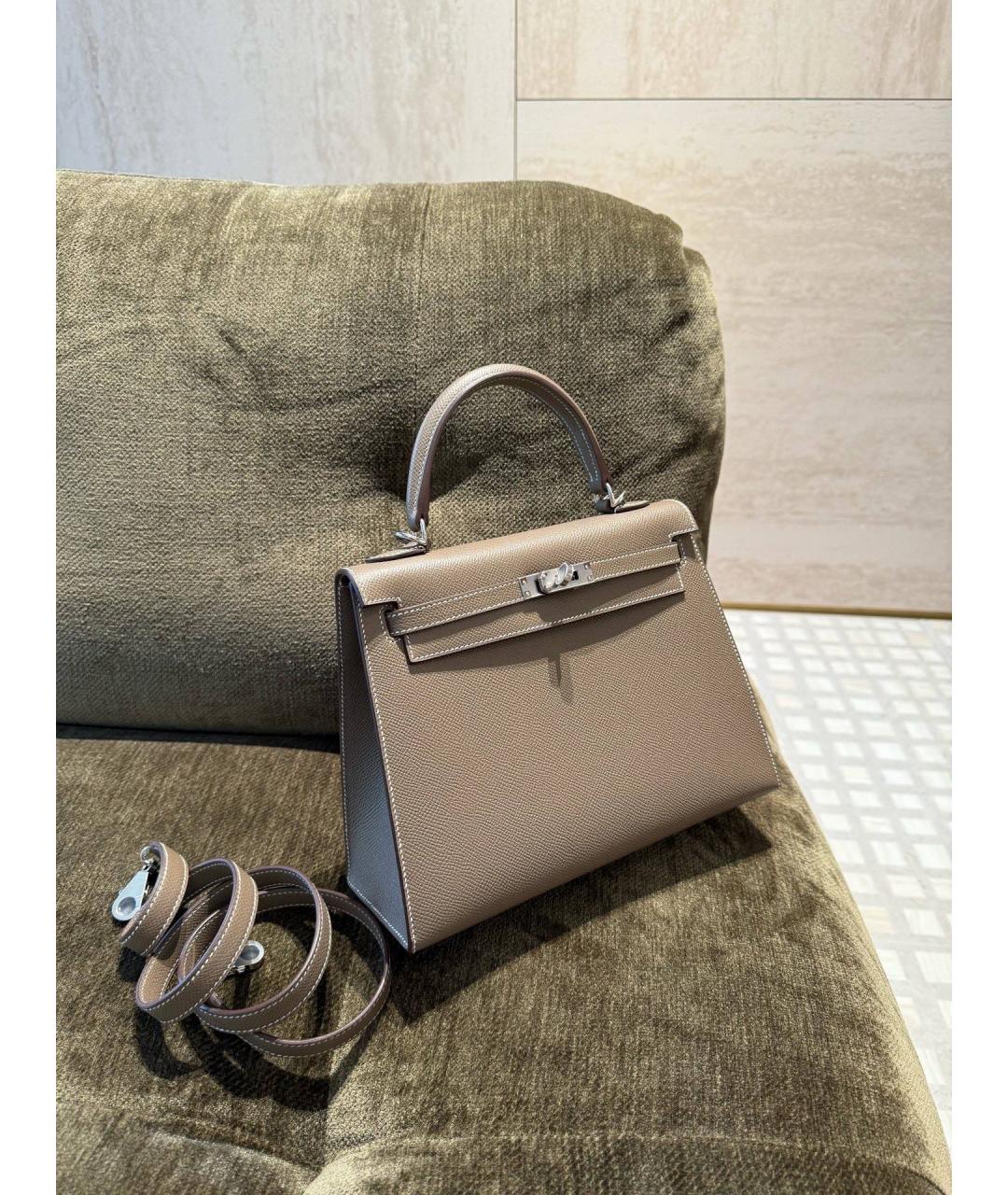 HERMES Бежевая кожаная сумка с короткими ручками, фото 5