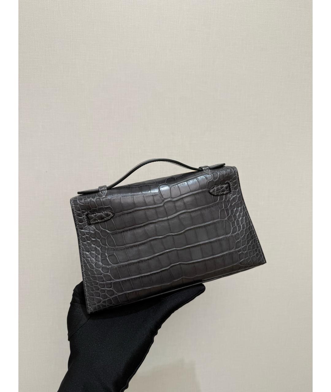 HERMES Серая кожаная сумка с короткими ручками, фото 5