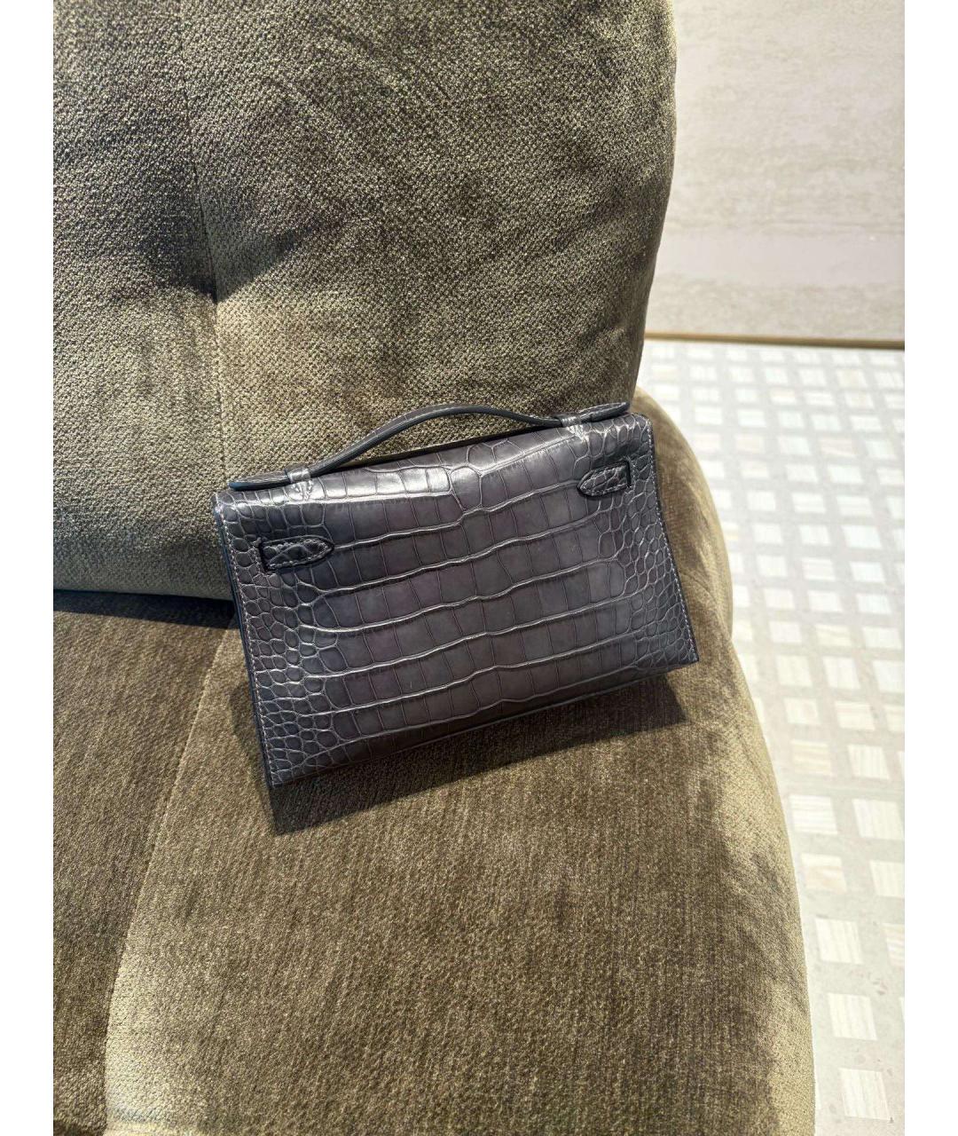 HERMES Серая кожаная сумка с короткими ручками, фото 4