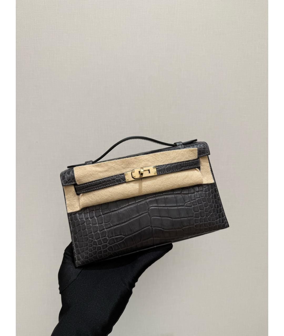 HERMES Серая кожаная сумка с короткими ручками, фото 6