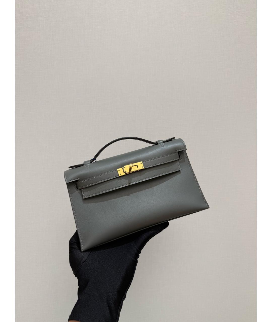 HERMES Серая кожаная сумка с короткими ручками, фото 5