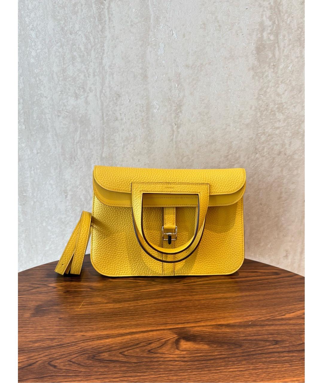 HERMES Желтая кожаная сумка с короткими ручками, фото 4