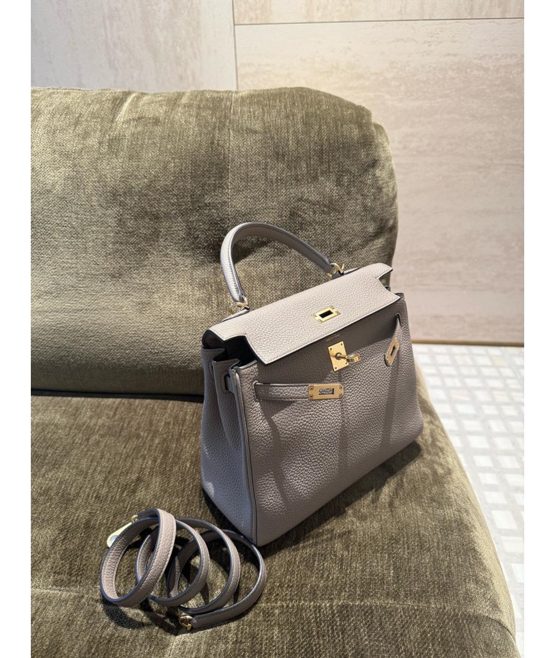 HERMES Серая кожаная сумка с короткими ручками, фото 3