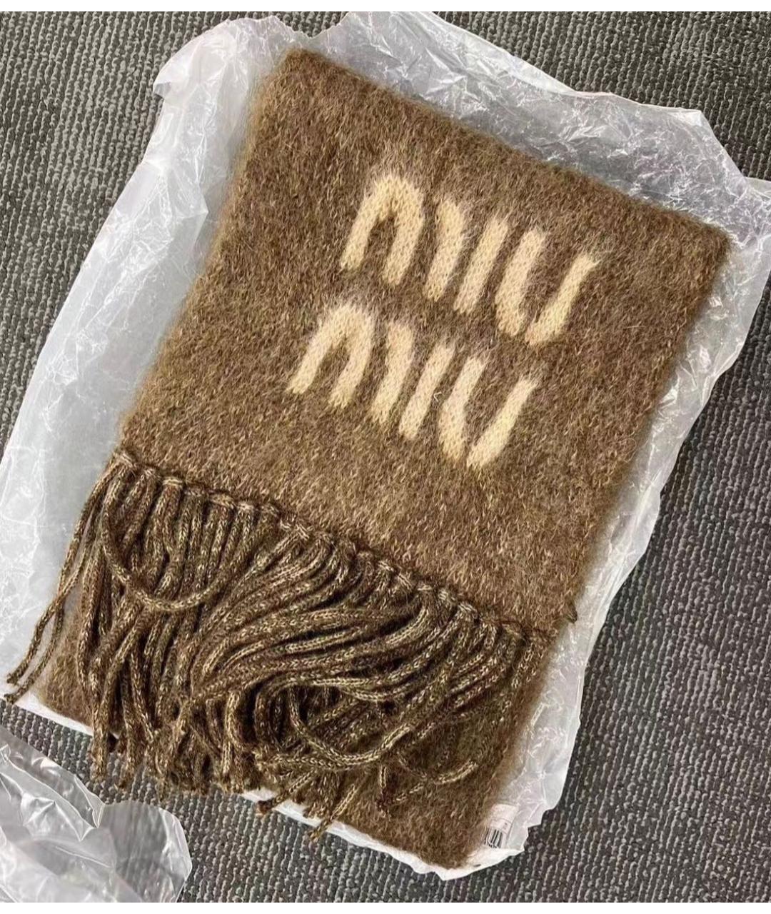 MIU MIU Коричневый шерстяной шарф, фото 2