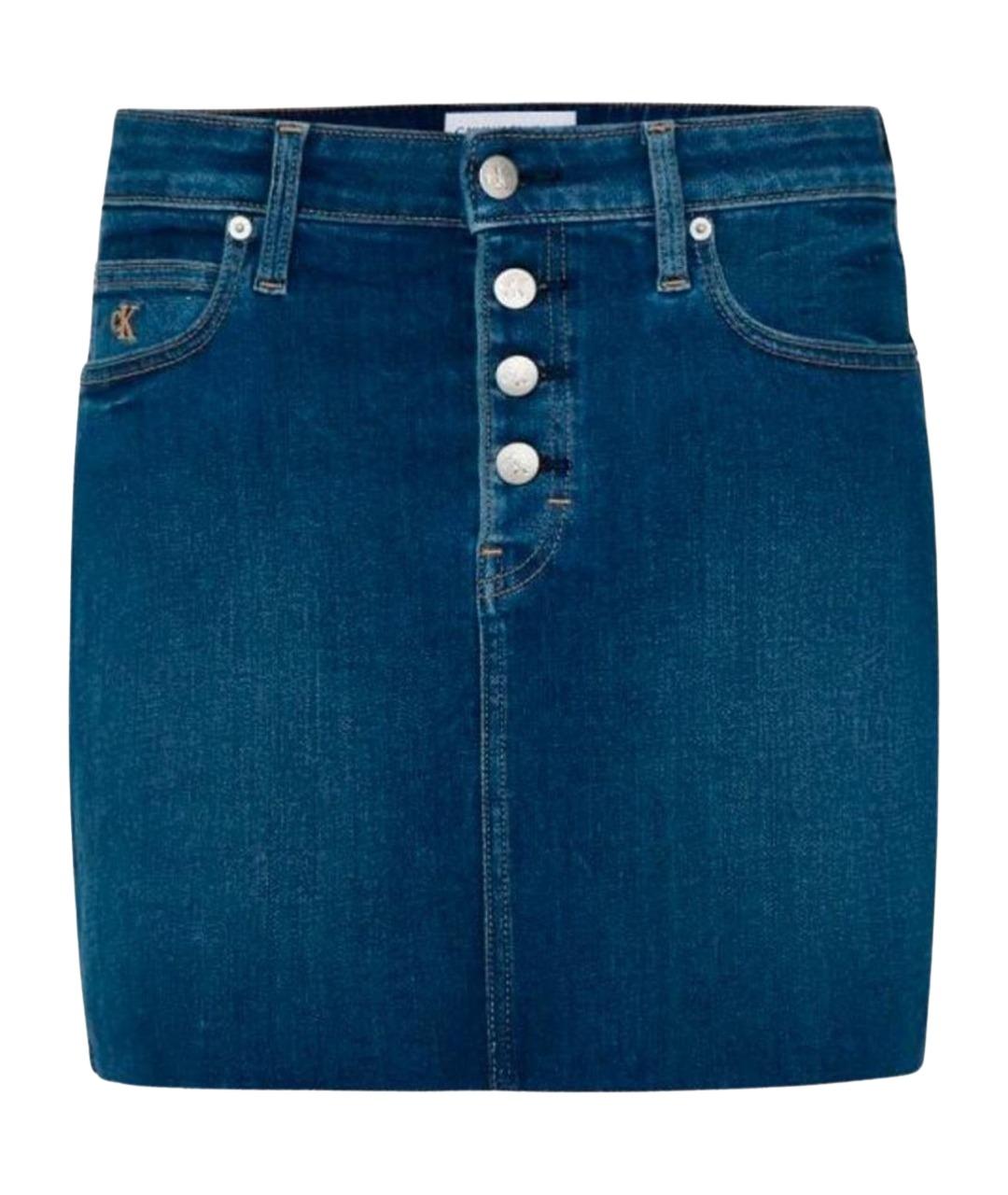 CALVIN KLEIN Синяя хлопко-эластановая юбка мини, фото 1